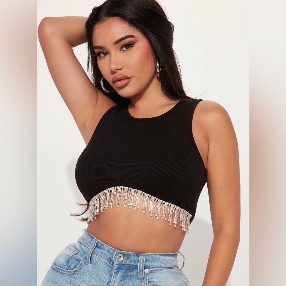 Fashion Nova cropped tank with rhinestone fringe